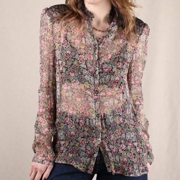 The Kooples Silk Floral Print Blouse With Lace Detail - Picture 2 of 7
